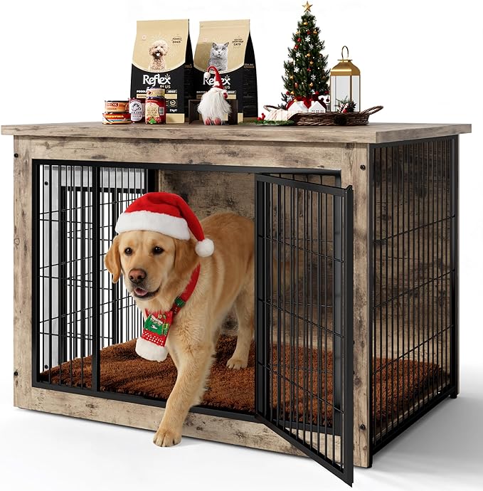 Dog Crate Furniture with Thick Cushion, Side End Table Wooden Dog Cage with Double Doors, Chew-Resistant Dog Kennel Dog House Indoor for Small to Large Dog