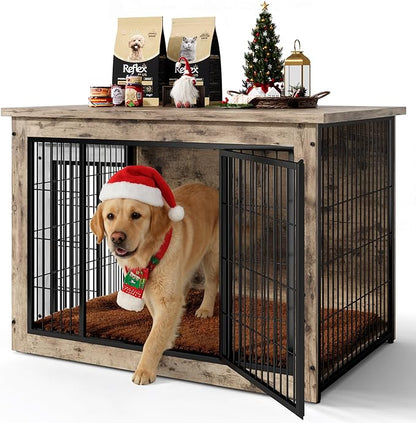 Dog Crate Furniture with Thick Cushion, Side End Table Wooden Dog Cage with Double Doors, Chew-Resistant Dog Kennel Dog House Indoor for Small to Large Dog