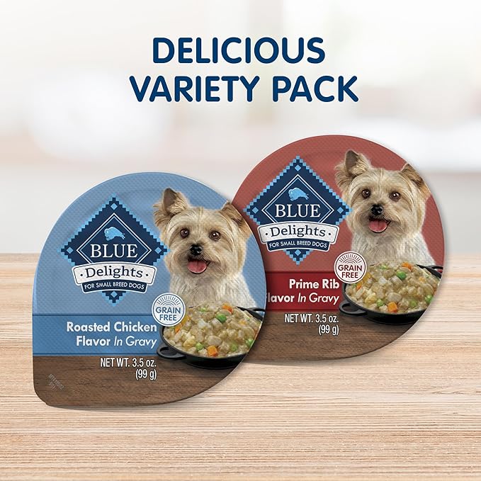 Blue Buffalo Delights Natural Adult Small Breed Wet Dog Food Cups, in Gravy, Chicken and Prime Rib 3.5-oz (12 Pack- 6 of Each Flavor)