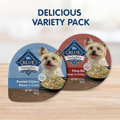 Blue Buffalo Delights Natural Adult Small Breed Wet Dog Food Cups, in Gravy, Chicken and Prime Rib 3.5-oz (12 Pack- 6 of Each Flavor)