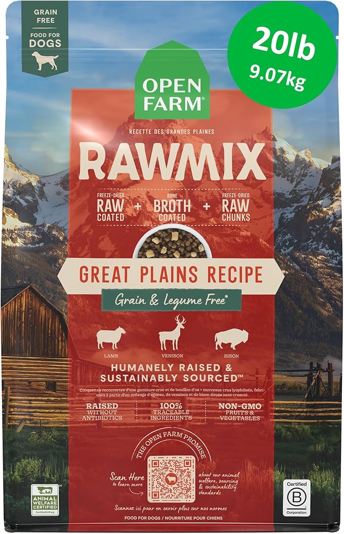 Open Farm, RawMix Grain-Free Dry Dog Food, Protein-Packed Kibble Coated in Bone Broth with Freeze Dried Raw Chunks, Lamb Venison Bison, Great Plains Recipe, 20lb Bag