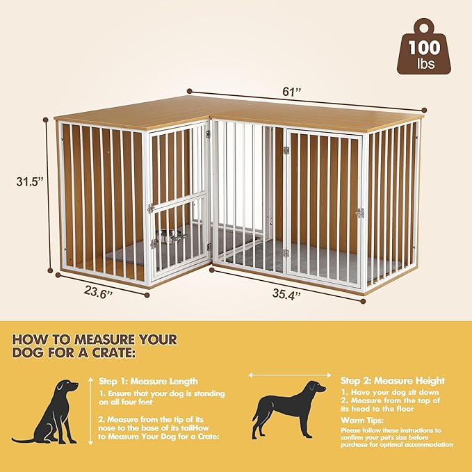 Dog Crate Furniture for 2 Dogs, Corner Heavy Duty Double Dog Kennel Furniture with Divider, Indoor Wooden Dogs Crate Large Breed (White)