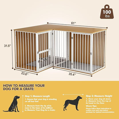 Dog Crate Furniture for 2 Dogs, Corner Heavy Duty Double Dog Kennel Furniture with Divider, Indoor Wooden Dogs Crate Large Breed (White)