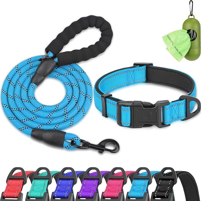 Dynmeow Reflective Dog Collar and Leash Set, 6FT Strong Climbing Rope Leash with Padded Handle, Adjustable Pet Collar with Soft Neoprene Padding for Small Medium Dogs, Blue, S