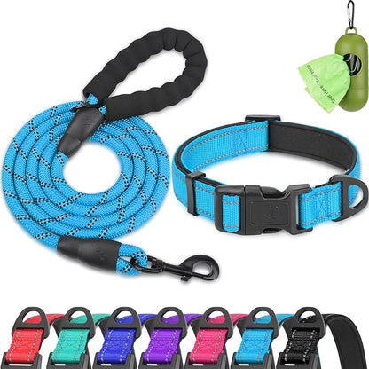 Dynmeow Reflective Dog Collar and Leash Set, 6FT Strong Climbing Rope Leash with Padded Handle, Adjustable Pet Collar with Soft Neoprene Padding for Small Medium Dogs, Blue, S