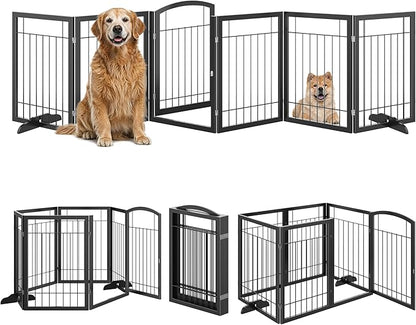 Vantas Folding Pet Gate 144" Wide, 30" Tall No-Assembly Metal Dog Gate, Freestanding Wire Pet Puppy Safety Fence, Extra Wide with 2PCS Support - Black