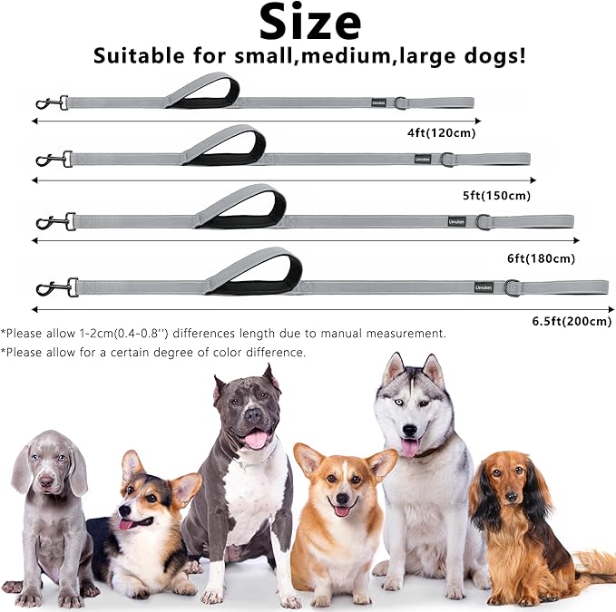 Dog Leash 6.5ft Long, Double Handle Dog Leash for Safety Control Training, Heavy Duty Dog Leads with Traffic Padded Handles, Reflective Leashes for Small Medium Large Dogs(6.5ft, Grey)