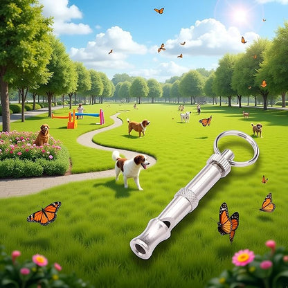Silver Ultrasonic Dog Whistle - Adjustable Frequency Training Whistle for All Dog Sizes | Durable Stainless Steel Pet Behavior Aid with Portable Keychain Design