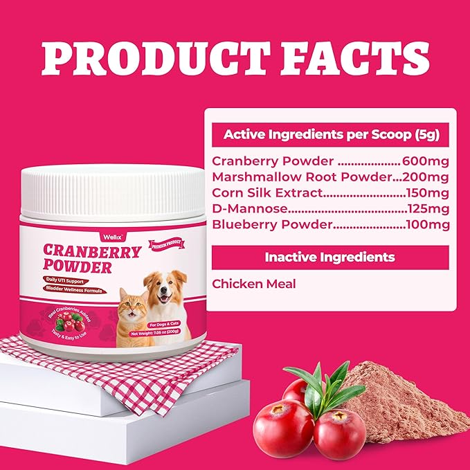 Wellix 7.05oz Cranberry Powder for Cats & Dogs - Kidney,Bladder,UTI for Cat Urinary Supplement - Rich in D-Mannose,Marshmallow Root,Blueberry,Cranberry Supplement for Dogs, Chicken Flavor