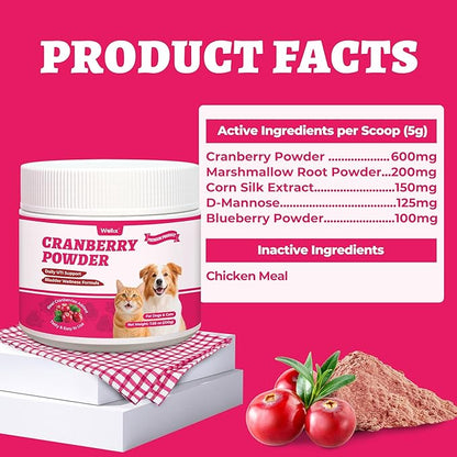 Wellix 7.05oz Cranberry Powder for Cats & Dogs - Kidney,Bladder,UTI for Cat Urinary Supplement - Rich in D-Mannose,Marshmallow Root,Blueberry,Cranberry Supplement for Dogs, Chicken Flavor