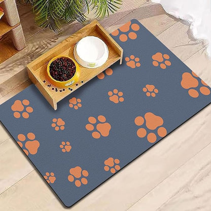 12"×20" Dog Food Mat-Absorbent Mat for Food and Water No Stains Quick Dry Cat Bowl Mat Non Skid Dog Feeding Mat with Footprints for Messy Drinkers Blue
