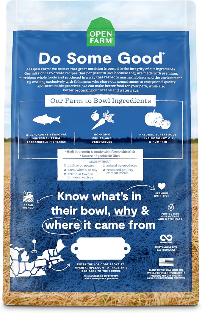 Open Farm, Grain-Free Dry Dog Food, Complete & Balanced Kibble, Sustainably & Ethically Sourced Ingredients, Non-GMO Veggies & Superfoods, Catch-of-The-Season Whitefish Recipe, 4lb Bag