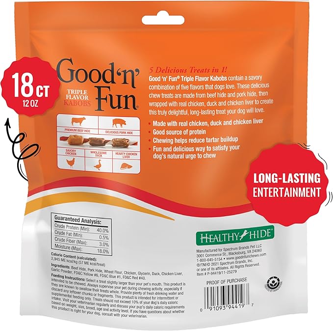 Good'n'Fun Triple Flavored Rawhide Kabobs for Dogs, Beef, 12 ounces