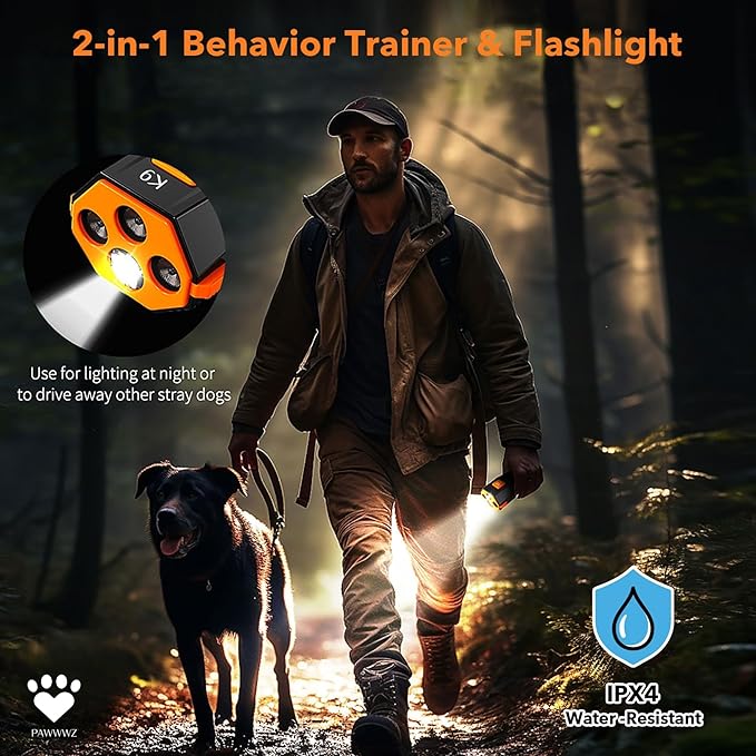 K9 Dog bark Deterrent – Humane Way - No-Shock Dog Barking Deterrent & Trainer - 2 in 1 Trainer and Powerful LED Flashlight - Rechargeable - IPX4 Water Resistance, Indoor, Outdoor Use