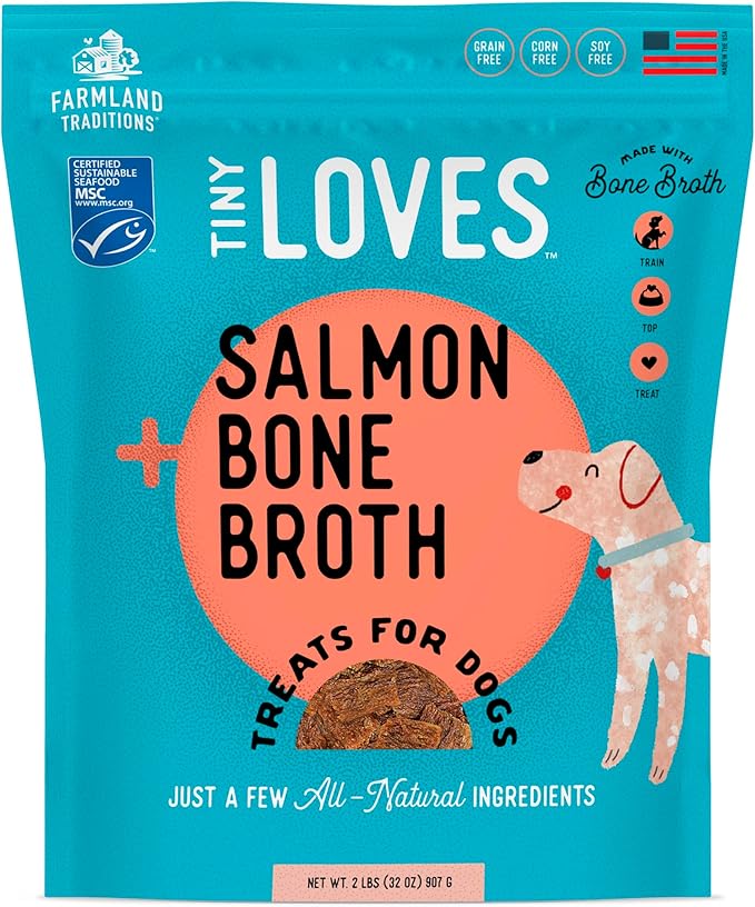Farmland Traditions Tiny Loves Jerky Trainer Treats for Dogs w/Bone Broth (Salmon, 32 oz.)