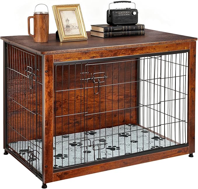 SHAWKEN Wooden & Metal Large Dog Crate Furniture Indoor with Soft Cushion, Double-Door Dog House, 37.4" L Dog Kennel (Rustic Brown, Large)