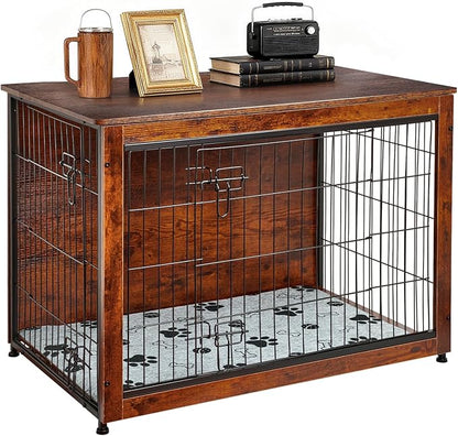 SHAWKEN Wooden & Metal Large Dog Crate Furniture Indoor with Soft Cushion, Double-Door Dog House, 37.4" L Dog Kennel (Rustic Brown, Large)