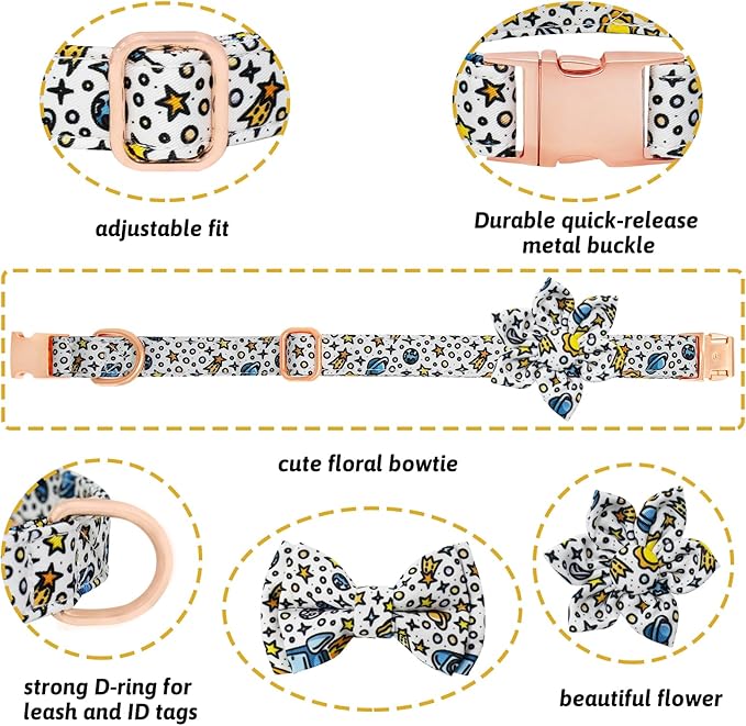 Dog Collar and Leash Set Girls Adjustable Puppy Collars with Floral Bow Tie for Small Medium Large Female Dogs, Solar System, L