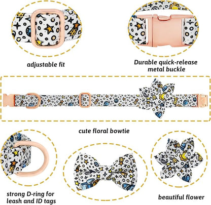 Dog Collar and Leash Set Girls Adjustable Puppy Collars with Floral Bow Tie for Small Medium Large Female Dogs, Solar System, L