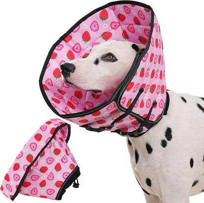 Avont Dog Cone Alternative, Adjustable Soft Comfy Foldable E Cones for Medium Large Dogs After Surgery, Escape-Proof Elizabethan Collar for Surgical Wound Recovery Stop Licking -Strawberry(M)