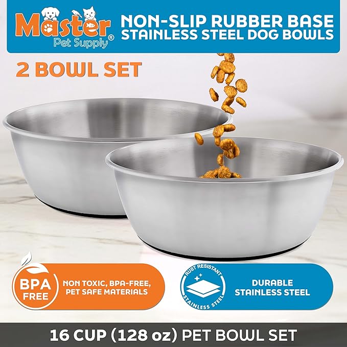 Master Pet Supply Stainless Steel Dog Bowls Set of 2 (128 Oz Each) with Non-Slip Rubber Base - Stainless Steel - Basic Dog Food Bowl Water & Food Bowls for Small Medium Large Dogs & Cats, Metal Dish