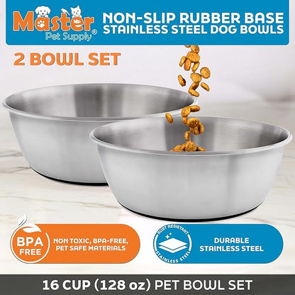 Master Pet Supply Stainless Steel Dog Bowls Set of 2 (128 Oz Each) with Non-Slip Rubber Base - Stainless Steel - Basic Dog Food Bowl Water & Food Bowls for Small Medium Large Dogs & Cats, Metal Dish