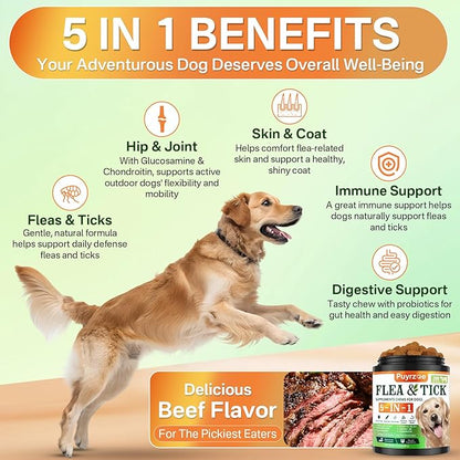 Puyrzoe 5-in-1 Dog Flea and Tick Treatment Chewable, Natural Flea and Tick Prevention for Dogs Chewable - Flea & Tick | Hip & Joint | Skin & Coat | Immunity Support | Digestive for All Breeds & Sizes