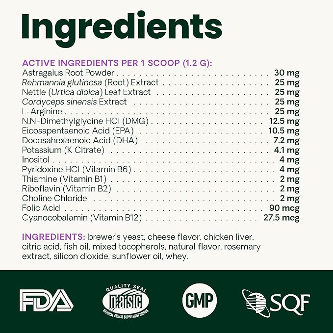 VetriScience Kidney Health Powder, Renal Essentials Supplement for Cats, Kidney Care and Support with Mushroom, Astragalus Root, Nettle Seed and Herbs, Chicken & Cheese, 60 Scoops