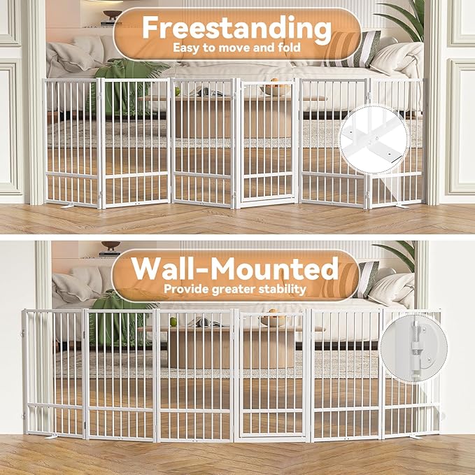 SNUOWU Full Metal Freestanding Dog Gate with Door, 36''Height Foldable Pet Dog Fence for Indoor & Outdoor, 6 Panels Extra Wide Free Standing TallDog Gates for Doorways,House,Stairs,Porch,Deck,Yard