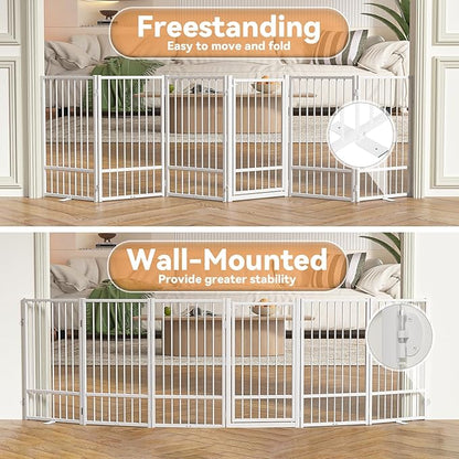 SNUOWU Full Metal Freestanding Dog Gate with Door, 36''Height Foldable Pet Dog Fence for Indoor & Outdoor, 6 Panels Extra Wide Free Standing TallDog Gates for Doorways,House,Stairs,Porch,Deck,Yard