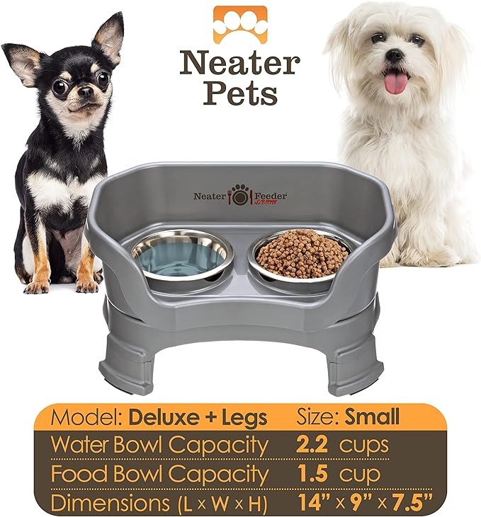 Neater Feeder Deluxe Mess-Proof Elevated Dog Bowls for Small Dogs (Up to 19 lbs), 2 Height Adjustable (6” & 7.5”) No-Spill Raised Dog Bowl Stand, Stainless Steel Food Bowl Set, Made in USA, Grey