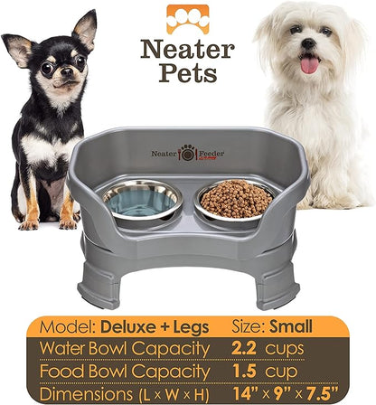 Neater Feeder Deluxe Mess-Proof Elevated Dog Bowls for Small Dogs (Up to 19 lbs), 2 Height Adjustable (6” & 7.5”) No-Spill Raised Dog Bowl Stand, Stainless Steel Food Bowl Set, Made in USA, Grey