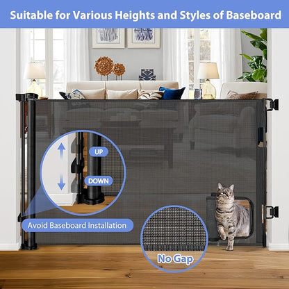 Retractable Baby Gates with Cat Door 80" Wide Retractable Dog Gate with Pet Door Outdoor Retractable Gate for Dogs Retractable Pet Gate with Door Mesh Baby Gate Retractable Mesh Dog Gate (Black)