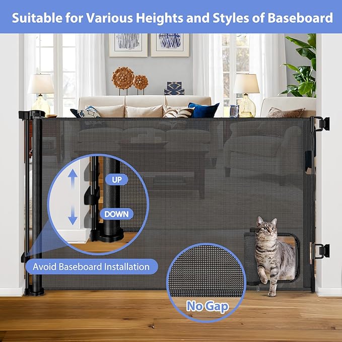 Retractable Baby Gates with Door 55" Wide Retractable Dog Gate with Pet Door Outdoor Retractable Gate for Dogs Mesh Baby Gate Retractable Pet Gate with Cat Door Retractable Child Gates for Doorways