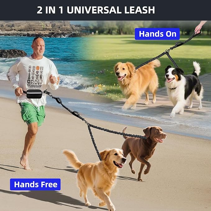 Uppetly Hands Free Double Dog Leash with Pouch, Dual Leash for 2 Dogs with Reflective Padded Handles, Durable Bungee and Lumbar Waist Belt for Walking, Jogging and Running (Small, 8-25 lbs)