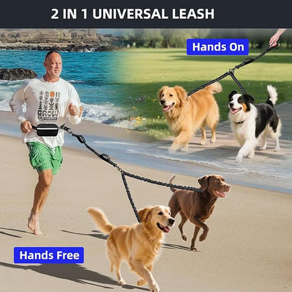 Uppetly Hands Free Double Dog Leash with Pouch, Dual Leash for 2 Dogs with Reflective Padded Handles, Durable Bungee and Lumbar Waist Belt for Walking, Jogging and Running (Small, 8-25 lbs)