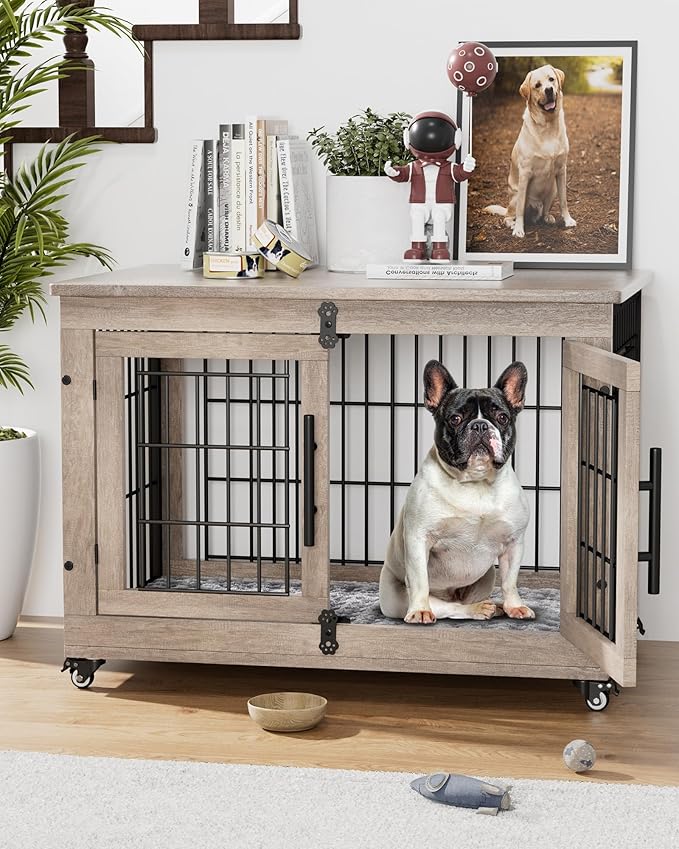 YaFiti Dog Crate Furniture with Cushion, Wooden Dog Kennel with Double Doors, Heavy Duty Dog Cage End Table with Wheels, Dog House Indoor for Small Medium Dogs up to 45 lb, 32.5” L, Grey