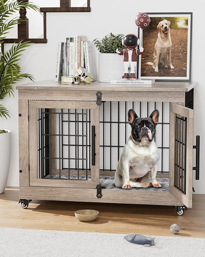 YaFiti Dog Crate Furniture with Cushion, Wooden Dog Kennel with Double Doors, Heavy Duty Dog Cage End Table with Wheels, Dog House Indoor for Small Medium Dogs up to 45 lb, 32.5” L, Grey