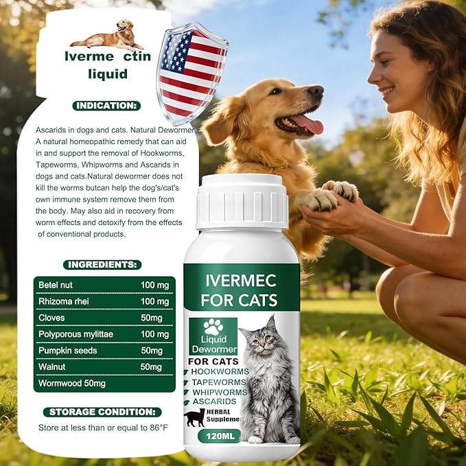 lvermect Dewormer Liquid for Dogs and Cats, Digestive Cleanser Treatment, Broad Spectrum for All Wormer, Hookworms, Lung Worms, Pin Worms, Round Worms