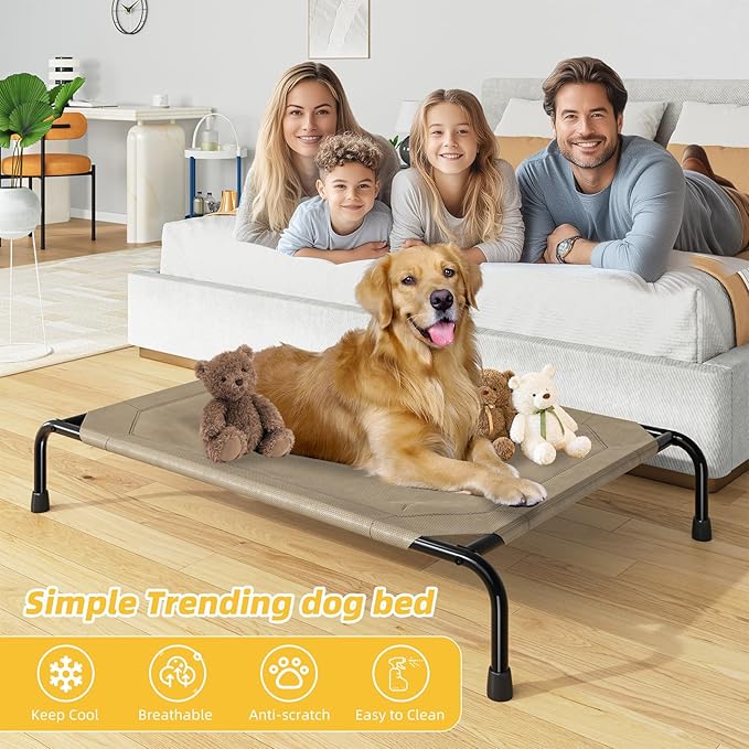 Simple Trending Elevated Dog Bed for Large Sized Dogs, Outdoor Raised Dog Cot Pet Hammock Bed with Cooling Breathable Mesh Anti-Slip Feet, Brown, 47.75inches