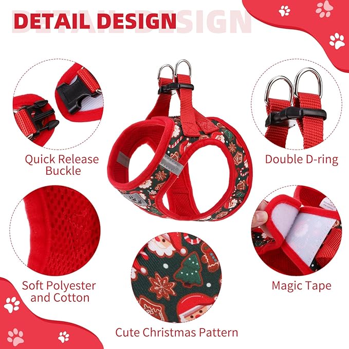 KOOLTAIL Christmas Dog Harness for Small Medium Dogs,Dog Harness and Leash Set, Step in No Pull Soft Mesh Padded Adjustable and Reflective Pet Vest Harness Puppy, Extra Harness for XS S Dogs, M