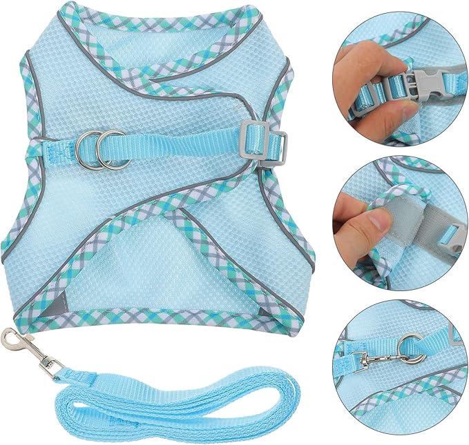 COLLBATH Adjustable Reflective Dog Harness Vest and Leash Set, Portable Lightweight Puppy Harness for Large Dogs, Soft Breathable Blue L Size, Outdoor Walking and Training Equipment