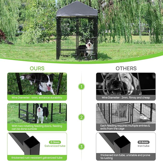 Dog Kennel Outdoor 8 x4 x6 ft with Roof and Rotating Bowl Holders, Large Metal Dog Enclosure, Heavy Duty Dog House Built with Robust 4mm Diameter Wire (8'L x 4'W x 6'H)