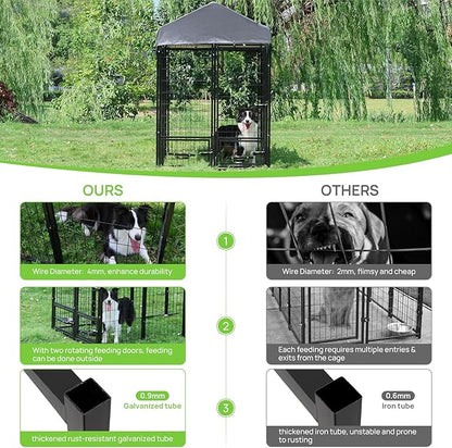 Dog Kennel Outdoor 8 x4 x6 ft with Roof and Rotating Bowl Holders, Large Metal Dog Enclosure, Heavy Duty Dog House Built with Robust 4mm Diameter Wire (8'L x 4'W x 6'H)