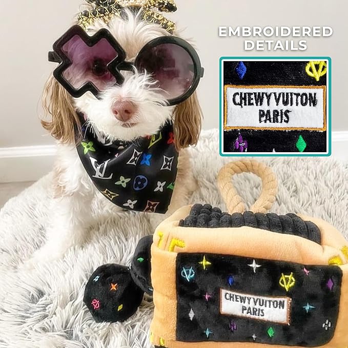 Haute Diggity Dog Chewy Vuiton Trunk Puzzle with 3 Plush Squeaky Dog Toys, Soft Durable Designer-Inspired Stuffed Puppy Chew Toys for Small & Medium Dogs, Machine-Washable (Black Monogram) One Size