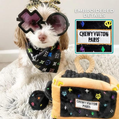 Haute Diggity Dog Chewy Vuiton Trunk Puzzle with 3 Plush Squeaky Dog Toys, Soft Durable Designer-Inspired Stuffed Puppy Chew Toys for Small & Medium Dogs, Machine-Washable (Black Monogram) One Size