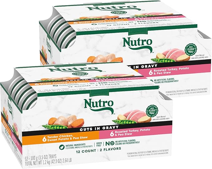 Nutro Natural Choice Cuts in Gravy Wet Dog Food, Grain Free Dog Food Wet Chicken and Turkey Recipes Variety Pack, 3.5 oz. Trays (12 Count, Pack of 2)