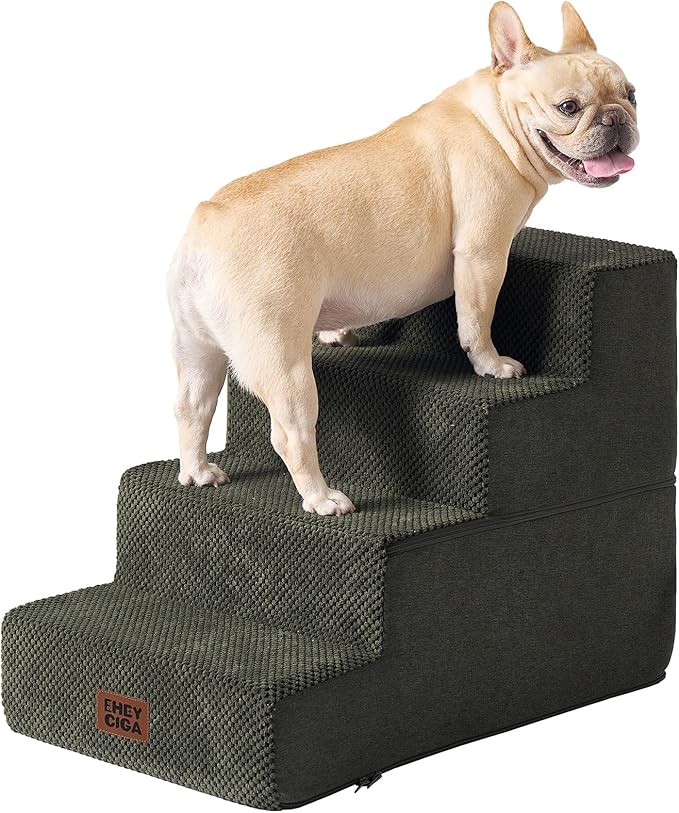 EHEYCIGA Dog Stairs for Bed 18" H, 4-Step Dog Steps for High Bed, Pet Steps for Small Dogs and Cats, Non-Slip Balanced Pet Ramp Indoor, Military Green