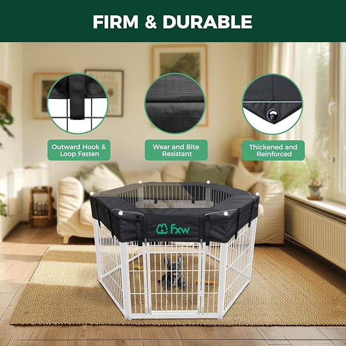FXW Homeplus Indoor Dog Playpen with Hexagon Mesh Top Cover for Escape Prevention, 40 Inch 6 Panels Heavy Duty Dog Pen for Medium and Large Dogs, White│Patented