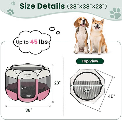 Love's cabin Pet Puppy Dog Playpen, Large Dog Tent Crates Cage Indoor/Outdoor, Portable Playpen for Cat, Foldable Pop Up Dog Kennel Playpen with Carring Case, Removable Zipper Top, Light Pink